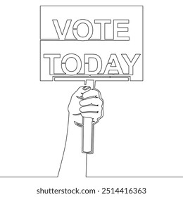 Continuous one single line drawing Black lettering Vote Today. The hand holds a sign with an inscription icon vector illustration concept