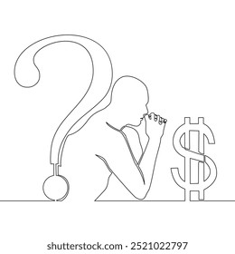 Continuous one single line drawing person thinks about financial problems icon vector illustration concept