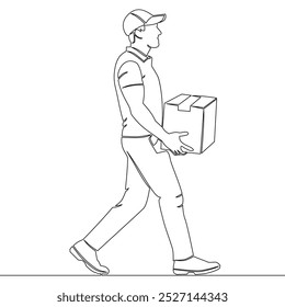 Desenho contínuo de uma única linha Courier carregando caixa de papelão ícone de pacote vetor ilustração conceito