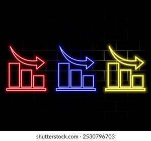 Continuous one single line drawing Declining graph Business chart loss schedule icon neon glow vector illustration concept.