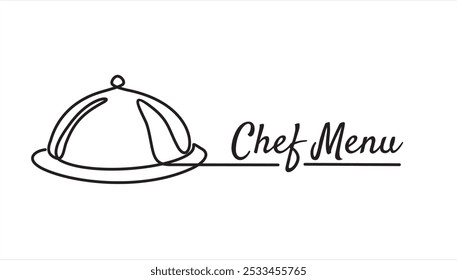 Continuous one single line drawing of metal cover. Chef Menu food design. Illustration with quote template. Can used for menu restaurant sketch