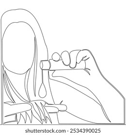 Uma mulher de desenho de uma única linha contínua usa óleo para seu cabelo. ícone de cabelo vetor conceito de ilustração