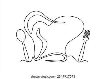 Continuous one single line drawing of fork, spoon and chef hat or cap . Menu food design. Illustration with quote template. Can used for menu restaurant sketch