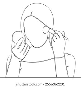 Continuous one single line drawing Woman applying makeup in front of a small mirror icon vector illustration concept