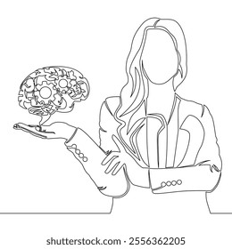 Continuous one single line drawing Businesswoman holding brain and gears symbol, intellectual approach icon vector illustration concept