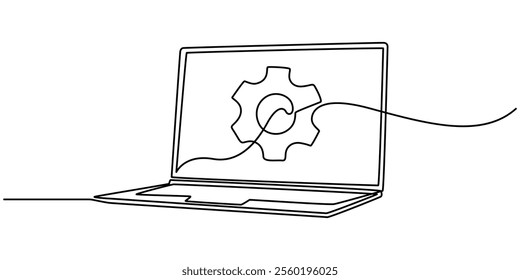 continuous one single line drawing of laptop and gears, Adjusting app options, maintenance, repair, fixing monitor, System Integration Single Line Icon, connected with gears on screen laptop.