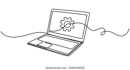 continuous one single line drawing of laptop and gears, Adjusting app options, maintenance, repair, fixing monitor, System Integration Single Line Icon, connected with gears on screen laptop.