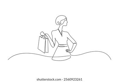 Continuous one single line drawing Woman with shopping bag, Continuous one line drawing of young woman Carrying shopping bag. Happy shopping and sale concept.