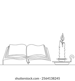 Continuous one single line drawing Open paper book and burning candle, cozy atmosphere, knowledge and literature icon vector illustration concept