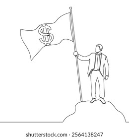 Continuous one single line drawing Businessman standing on a hill with a flag with a dollar symbol on it, achievements, financial goals and business success icon vector illustration concept