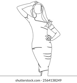 Continuous one single line drawing Female model in elegant dress posing icon vector illustration concept
