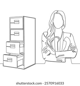 Continuous one single line drawing Female professional accountant and office filing cabinet icon vector illustration concept