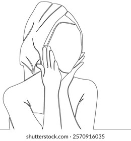 Continuous one single line drawing Woman with a towel on her head takes care of her facial skin icon vector illustration concept