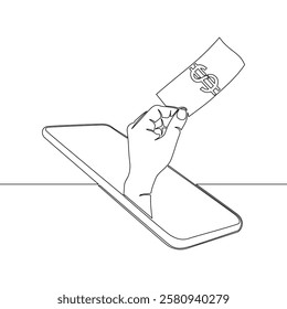 Continuous one single line drawing Hand Emerges from a Smartphone with a Dollar Bill icon vector illustration concept