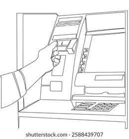 Continuous one single line drawing Hand Inserting Card Into ATM, Highlighting Seamless Banking Experience and Secure Financial Transactions icon vector illustration concept