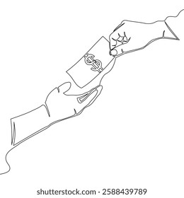 Continuous one single line drawing Hand Passes a Dollar Bill to Another Hand, Symbolizing Financial Transaction icon vector illustration concept