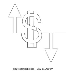 Continuous one single line drawing Dynamic Market Signals A Dollar Symbol Flanked by Arrows Reflects Volatile Financial Trends and Economic Shifts icon vector illustration concept