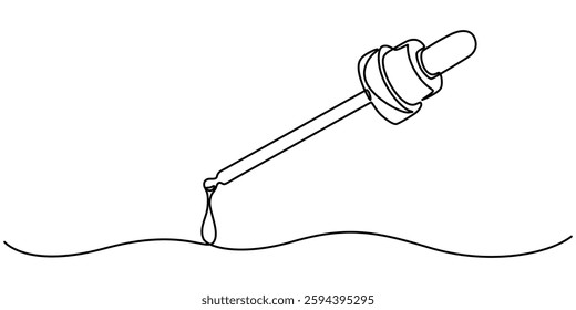 continuous one single line drawing icon of bottles with liquid ,Eye Drops one line drawing, Dropper and bottle with serum or oil, line. Cosmetic product in vial with pipette. Outline simple vector. 