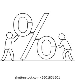 Continuous one single line drawing Teamwork in Finance Two Human Figures Organizing a Percentage Symbol, Representing Strategy, Growth, and Financial Planning icon vector illustration concept
