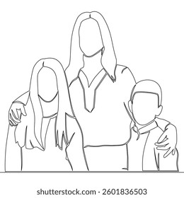 Continuous one single line drawing Woman Stands with Her Teenage Son and Daughter icon vector illustration concept