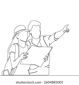 Continuous one single line drawing Adventurous Journey: Traveling Couple Explores with a Map, Embracing Discovery and New Destinations icon vector illustration concept