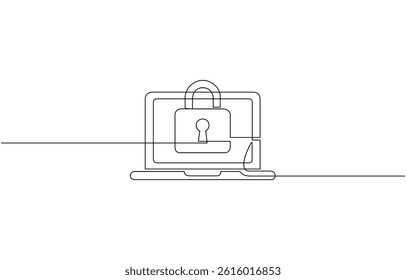 Continuous one single line drawing of laptop and padlock on screen as business concept of cyber security, One Continuous Line Drawing of Computer Security Icon. Single Line Vector Illustration.