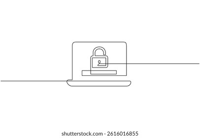 Continuous one single line drawing of laptop and padlock on screen as business concept of cyber security, One Continuous Line Drawing of Computer Security Icon. Single Line Vector Illustration.