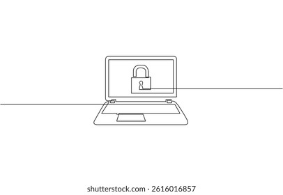 Continuous one single line drawing of laptop and padlock on screen as business concept of cyber security, One Continuous Line Drawing of Computer Security Icon. Single Line Vector Illustration.