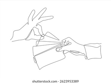 Continuous one single line drawing Hand Passes a Dollar Bill to Another Hand, Symbolizing Financial Transaction icon vector illustration concept. Editable stroke.  Bank and Finance concept.