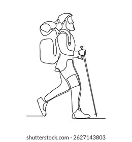 Continuous one single line drawing of traveling people with backpack. Line art of man success to hiking on top of mountain. Sketch vector illustration