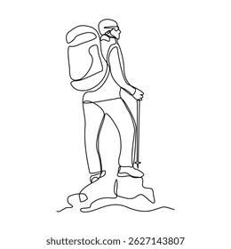 Continuous one single line drawing of traveling people with backpack. Line art of man success to hiking on top of mountain. Sketch vector illustration