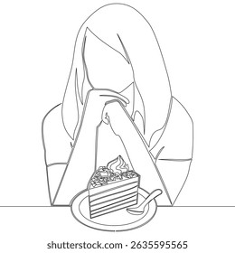Desenho contínuo de uma única linha Mulher olhando para o bolo com dieta de dúvida Dilema e alimento tentação ícone vetor ilustração conceito
