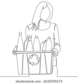 Continuous one single line drawing Woman Carrying Crate with Recyclable Plastic Bottles Eco Awareness icon vector illustration concept
