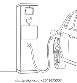 Continuous one single line drawing Electric Car Charging Station Sustainable Transportation and Clean Energy icon vector illustration concept