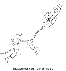Continuous one single line drawing Rocket Launch with People Holding a Rope Ambition, Risk, and Collective Effort icon vector illustration concept