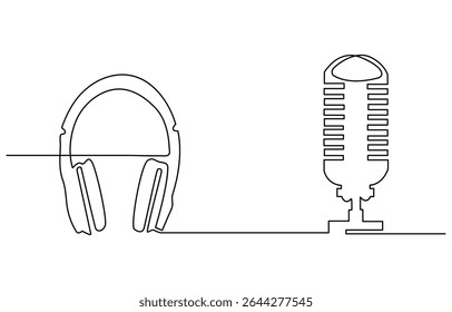 Continuous one single line drawing Retro microphone and headphone speaker device gadget. Continuous line draw design graphic vector illustration.  Editable stroke.