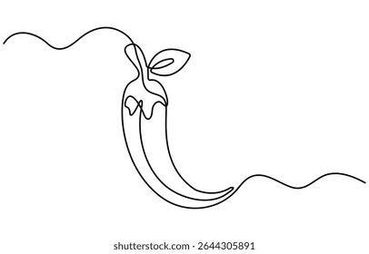 Continuous one single line drawing of hot chili vector design illustration, drawing of hot red chili pepper graphic design. Single line art illustration of spicy chili pepper, Mirchi.