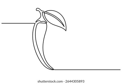 Continuous one single line drawing of hot chili vector design illustration, drawing of hot red chili pepper graphic design. Single line art illustration of spicy chili pepper, Mirchi.