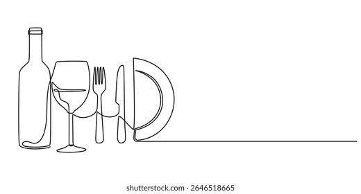 Continuous one single line drawing of plate, fork, knife and glass. Restaurant menu. Menu food design. Vector illustration, Continuous one single line drawing of plate, fork, knife, bottle of wine