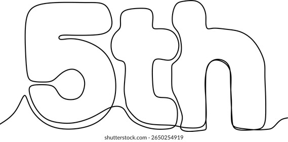 Desenho contínuo de uma única linha do texto "5th". Estilo de arte minimalista moderno com uma linha suave e limpa. Conceito para um quinto aniversário, comemoração do quinto aniversário, ou terminar em quinto lugar