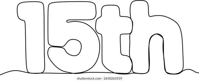 Continuous one single line drawing of the text "15th". Modern minimalist art style with a smooth, rounded, and clean line.