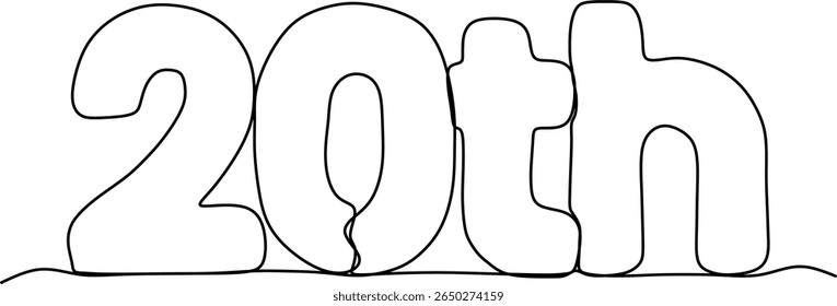 Continuous one single line drawing of the text "20th". Modern minimalist art style with a smooth, rounded, and clean line. 