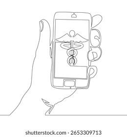 Dibujo continuo de una sola línea Mano que sostiene el teléfono inteligente con el concepto de Ilustración vectorial del App médico y sanitario digital del símbolo de Caduceus