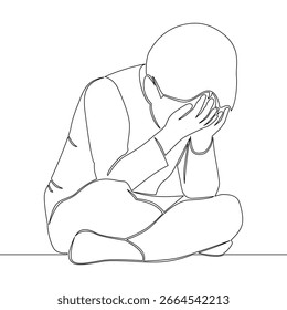 Dibujo continuo de una sola línea Niño adolescente triste sentado solo cubriendo la cara con el concepto de Ilustración vectorial de íconos de manos