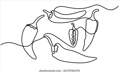 Continuous one single line drawing of hot chili vector design illustration. Continuous one line drawing of red chili pepper line art vector sketch vector illustration design. one continuous line chili