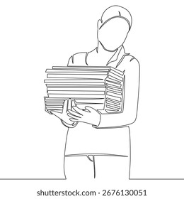 Continuous one single line drawing Woman holding stack of old magazines for recycling icon vector illustration concept