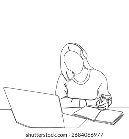 Desenho contínuo de uma única linha Mulher estudando sozinho com notebook na frente do ícone do laptop vetor conceito de ilustração