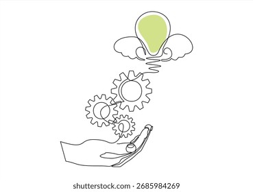 continuous one single line drawing of hand holding gears and light bulb, business concept, tech development, engineering, technology. line icon-continuous line drawing. Editable stroke.