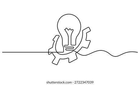 Desenho contínuo de uma única linha inovação Lâmpada e engrenagens dentro ícone ilustração vetorial . Um único desenho de linha de lâmpada com roda de engrenagem de metal dentro.