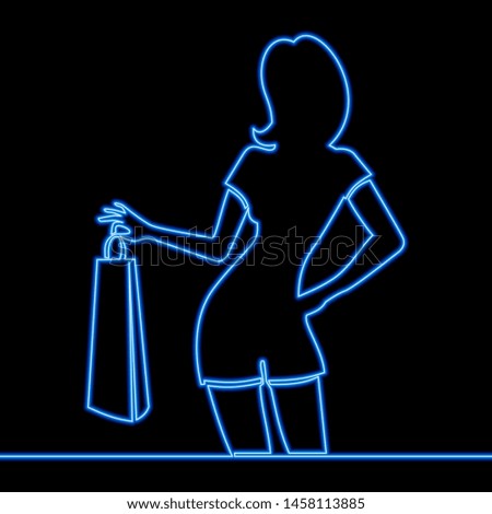 Continuous one single line drawing woman shopping icon neon glow vector illustration concept